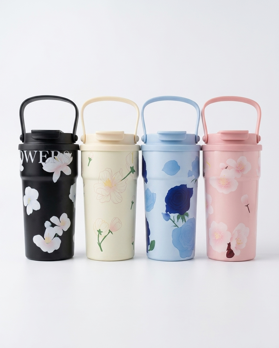 Four reusable metal water bottles with carrying handles lined up on a white background. From left to right: a black bottle with white floral print and partial white lettering, a cream bottle with pale yellow flowers, a light blue bottle with dark blue flowers, and a pink bottle with light pink flowers.
