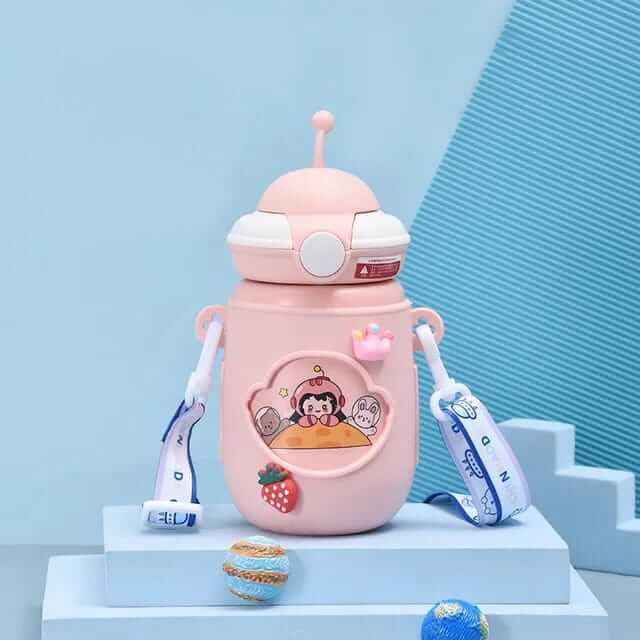 Pink color astronaut themed sipper bottle for kids 380ml