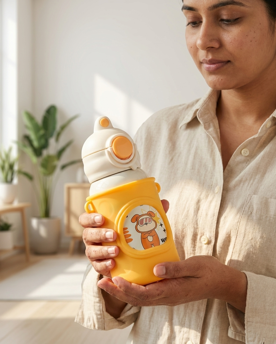 A woman in a beige linen shirt holds a yellow and white water bottle with a cartoon tiger design on the front, set against a softly blurred indoor background with plants.