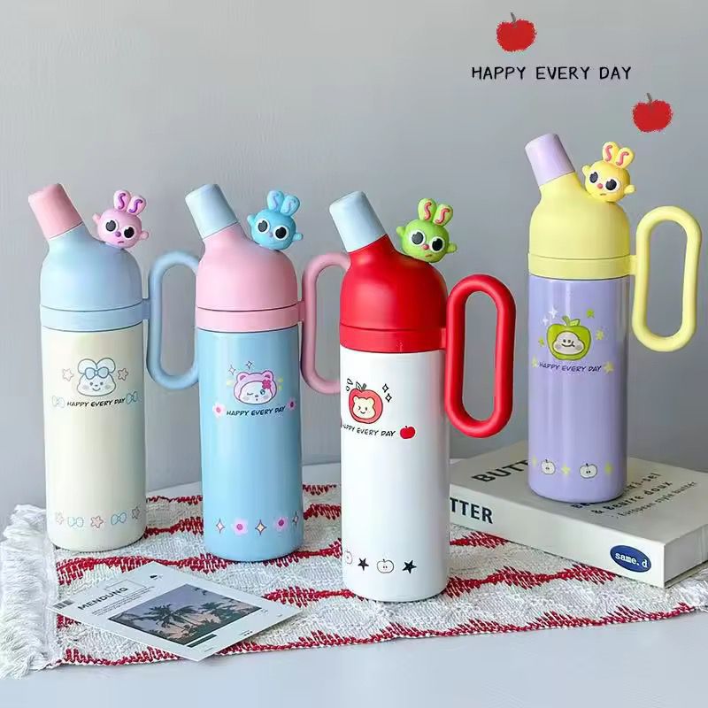 Set of four Kawai 800ml insulated tumblers with cartoon animal stoppers in pastel colors