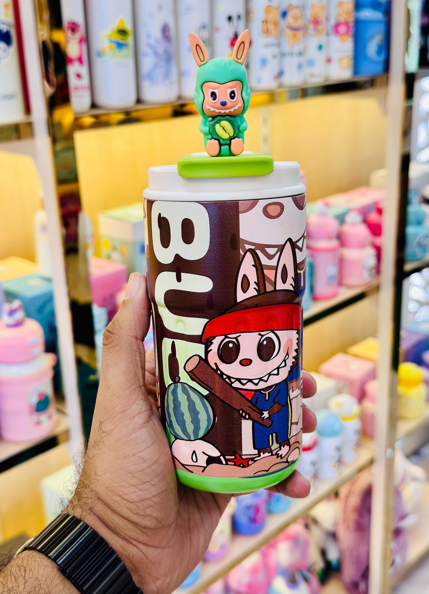 Green and white Labubu insulated steel mug 400ml with playful character topper design
