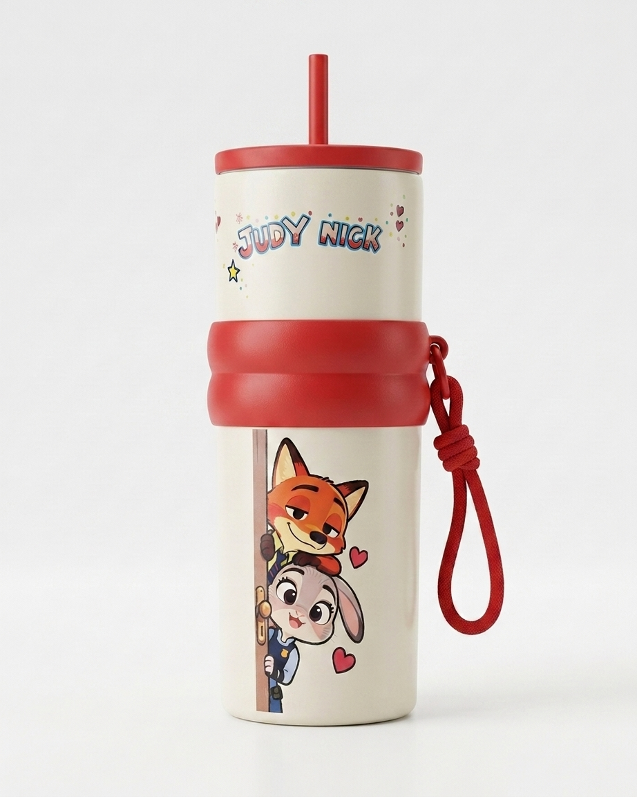A white insulated travel tumbler with a red lid, red straw, red silicone band, and red carrying loop. The tumbler features 'JUDY NICK' text and cartoon characters from The Powerpuff Girls on a clean white background.