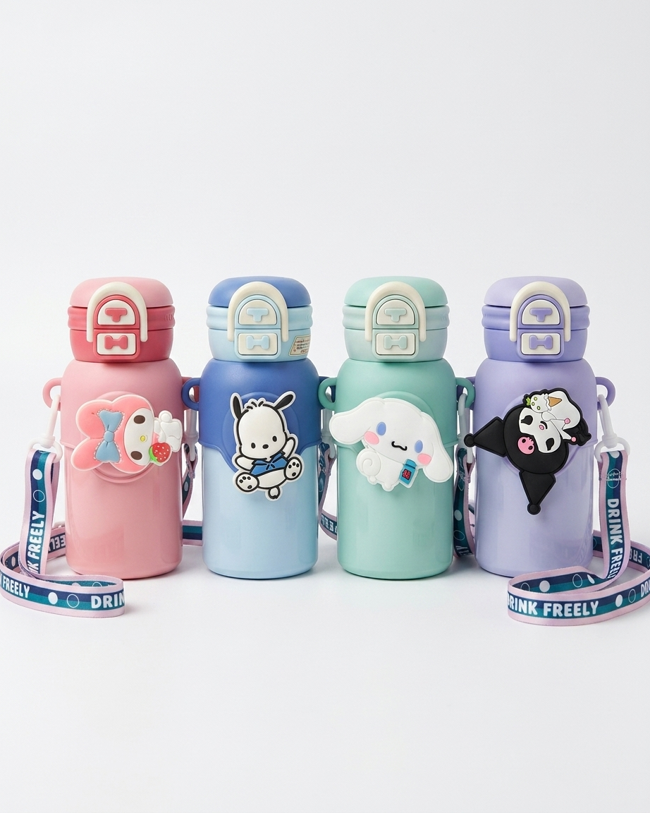 Four cute cartoon water bottles in pastel colors: pink with a pink character, blue with a white dog, mint green with a white cloud character, and lavender with a black-and-white character. Each bottle has a matching strap with the text 'DRINK FREELY'.