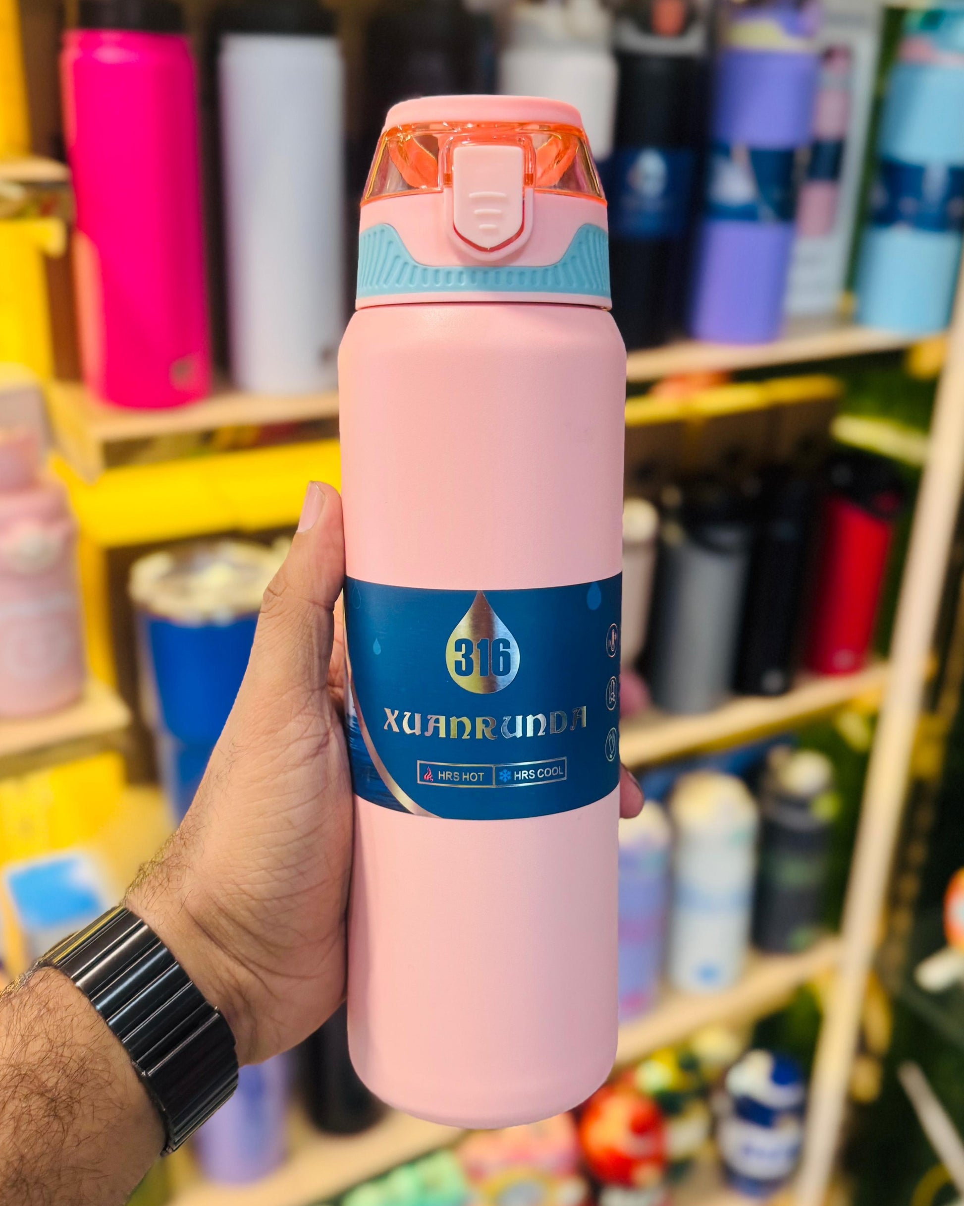 800ml pink insulated SUS 316 steel bottle with flip lid for hot and cold drinks