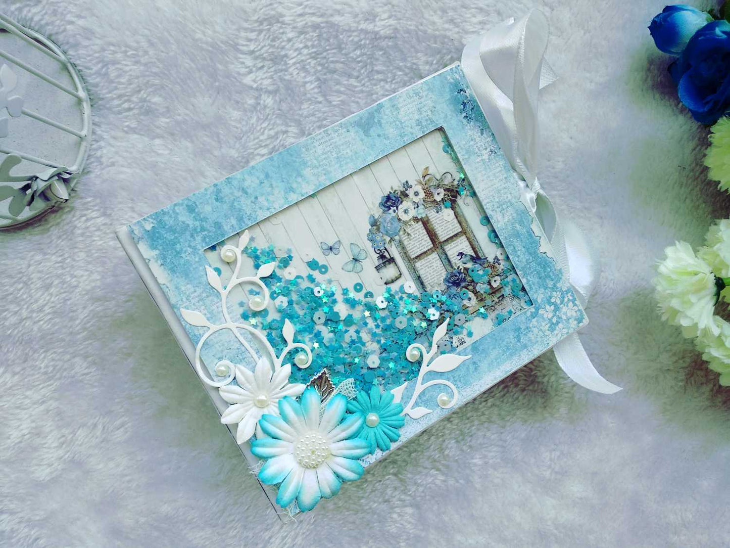 Handmade Vintage Blue Floral Scrapbook Album with Shaker Cover
