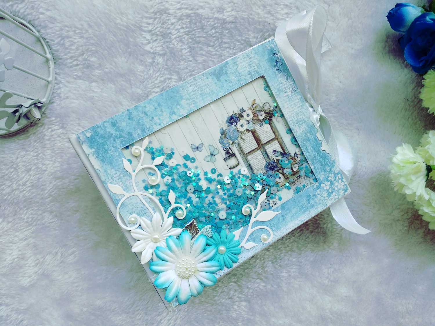 Handmade Vintage Blue Floral Scrapbook Album with Shaker Cover
