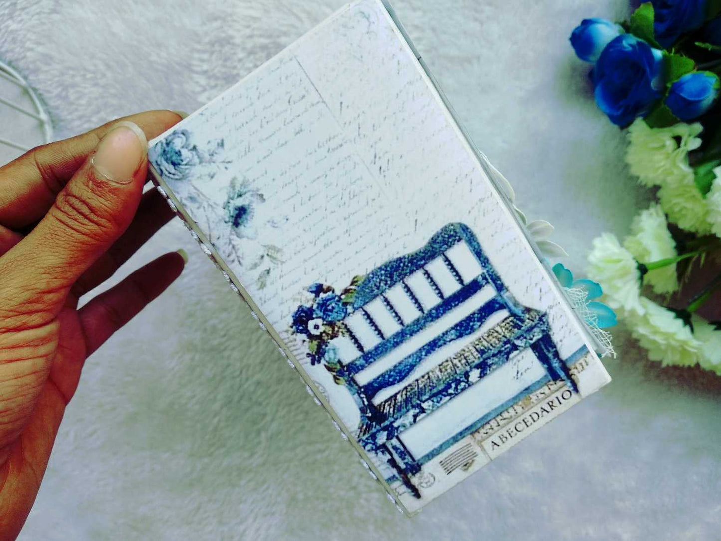Handmade Vintage Blue Floral Scrapbook Album with Shaker Cover