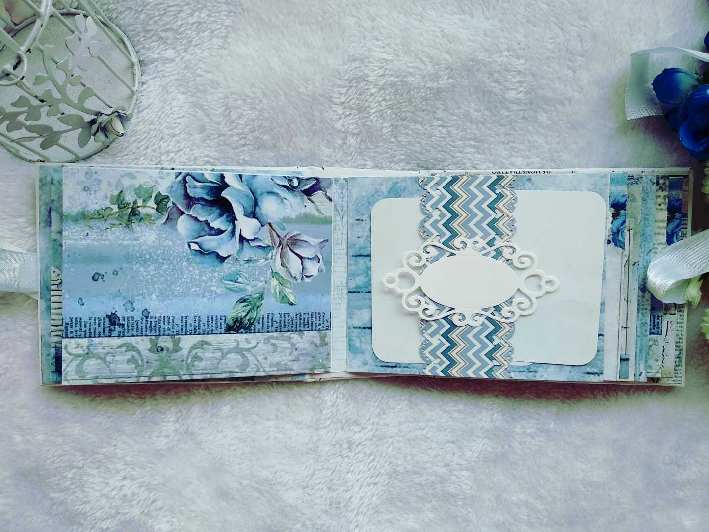 Handmade Vintage Blue Floral Scrapbook Album with Shaker Cover