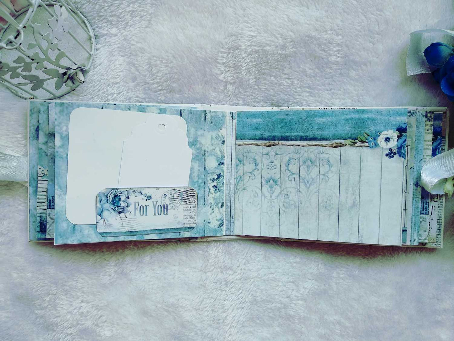 Handmade Vintage Blue Floral Scrapbook Album with Shaker Cover
