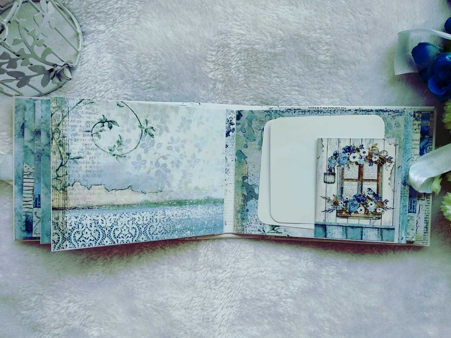 Handmade Vintage Blue Floral Scrapbook Album with Shaker Cover
