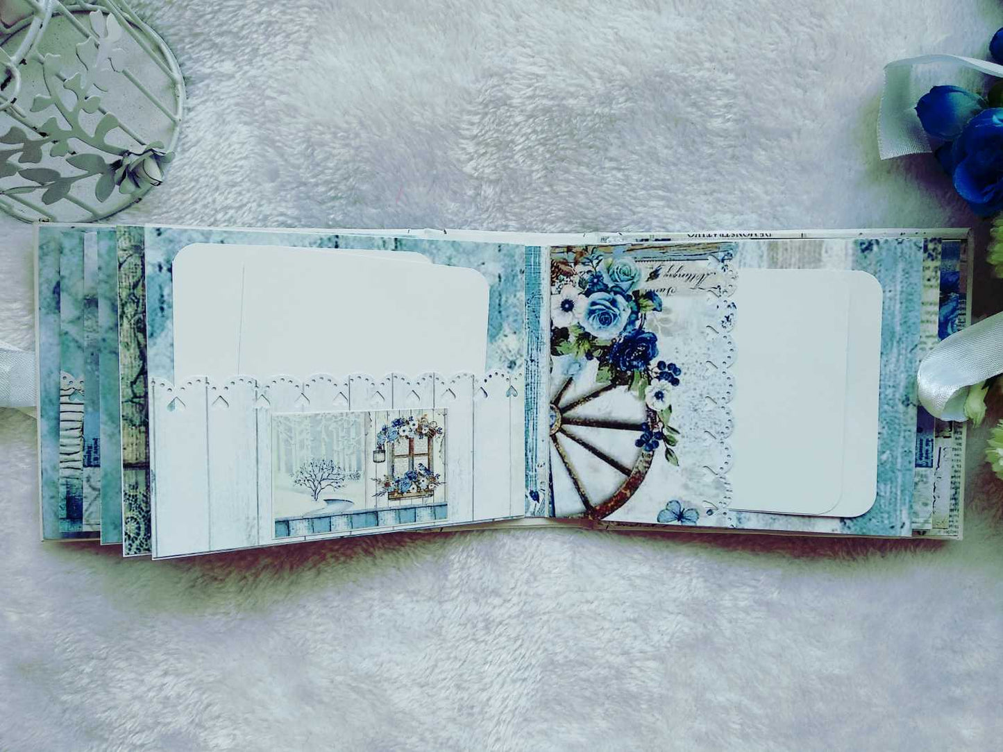 Handmade Vintage Blue Floral Scrapbook Album with Shaker Cover