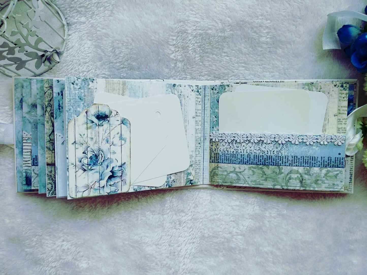 Handmade Vintage Blue Floral Scrapbook Album with Shaker Cover