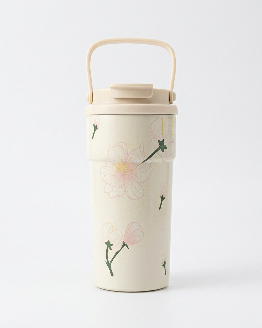 A cream-colored insulated travel tumbler with a matching handle lid, decorated with a delicate pink and green floral pattern, set against a plain white background.