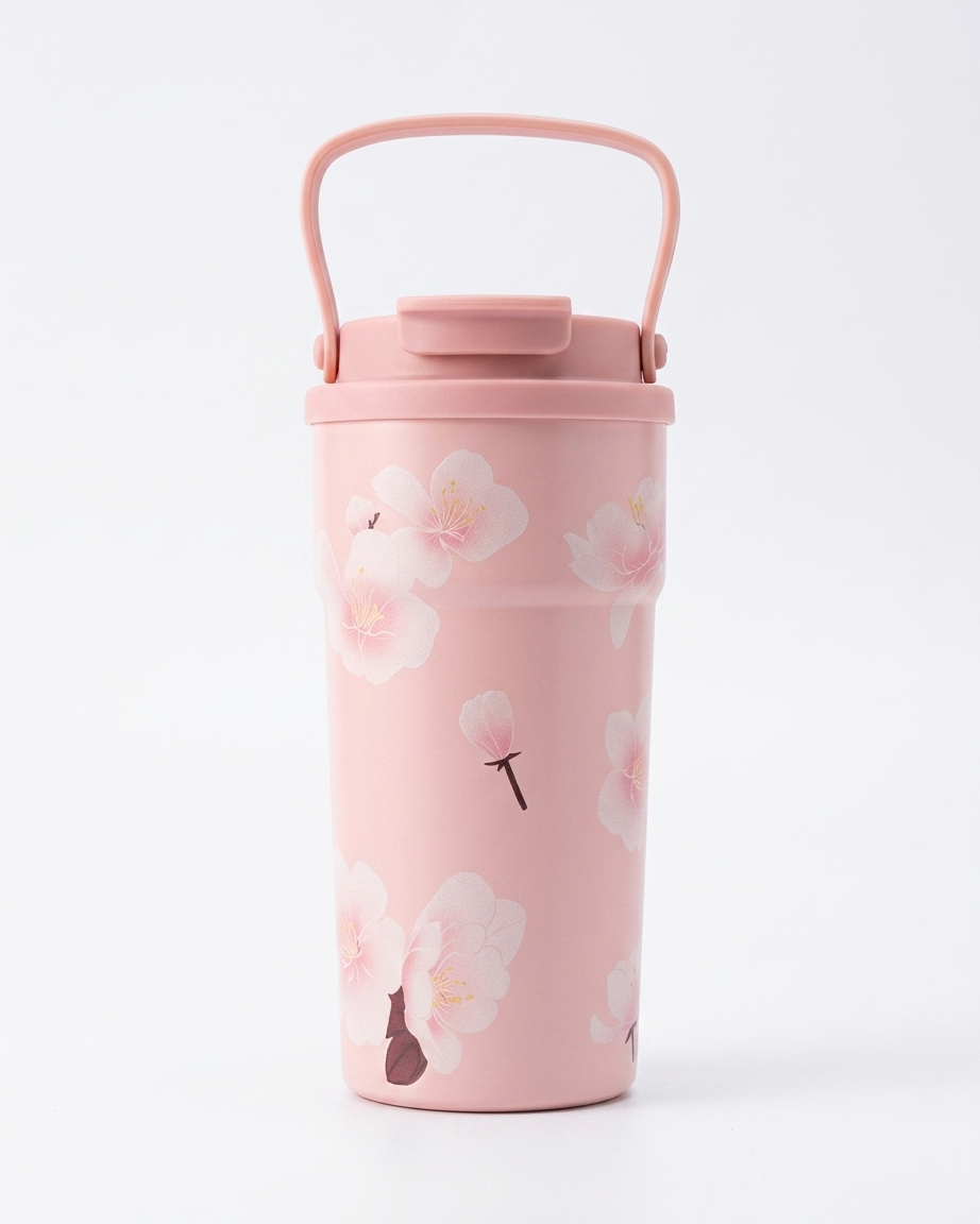 A light pink insulated travel tumbler with a matching handle lid and a delicate cherry blossom floral pattern, shown on a clean white background.