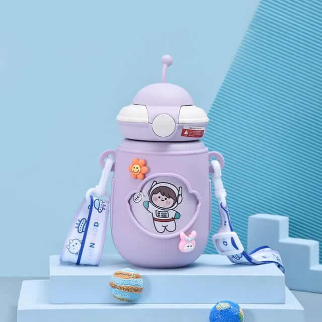 Lavender color astronaut themed sipper bottle for kids 380ml 