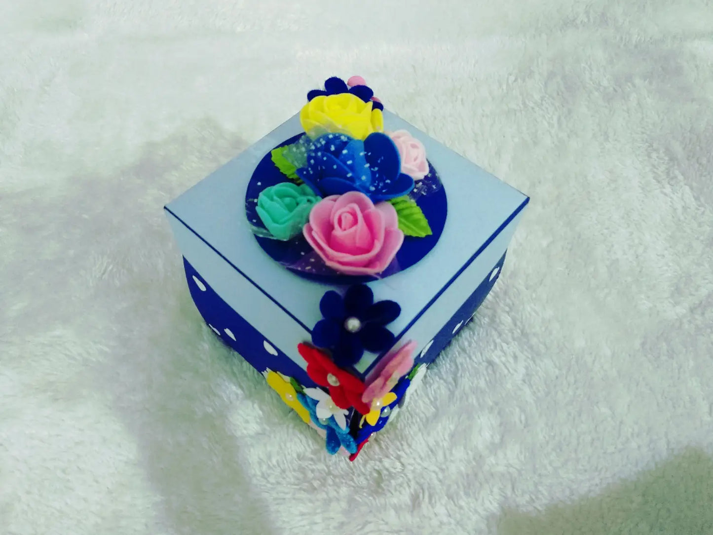 Handmade Blue Floral Explosion Box with Chocolates & Photo Slots | 2-Layer Gift Box