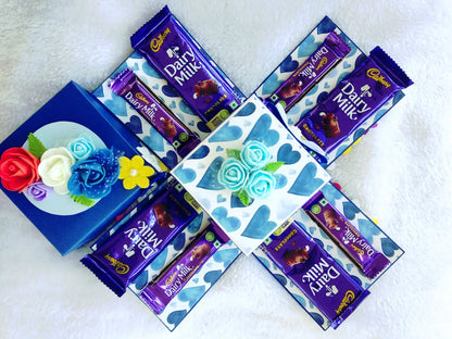 Handmade Blue Floral Explosion Box with Dairy Milk Chocolates & Photo Inserts