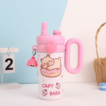 Pink water bottle with cartoon character and 'Capy Bara' branding on a light blue background