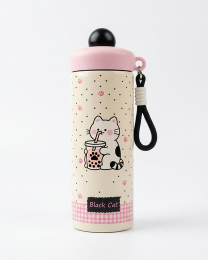 A pink and cream insulated water bottle with a cute black-and-white cat holding a boba drink. The bottle has a pink lid, a black cap, a pink and black gingham band at the bottom, and a black wrist strap with a white cord.