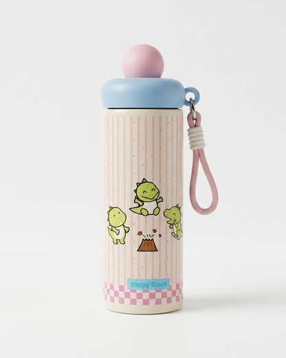 A cute water bottle with a pink and white striped body, featuring three green cartoon dinosaurs and a volcano illustration. The bottle has a light blue lid, a pink top cap, and a pink wrist strap.
