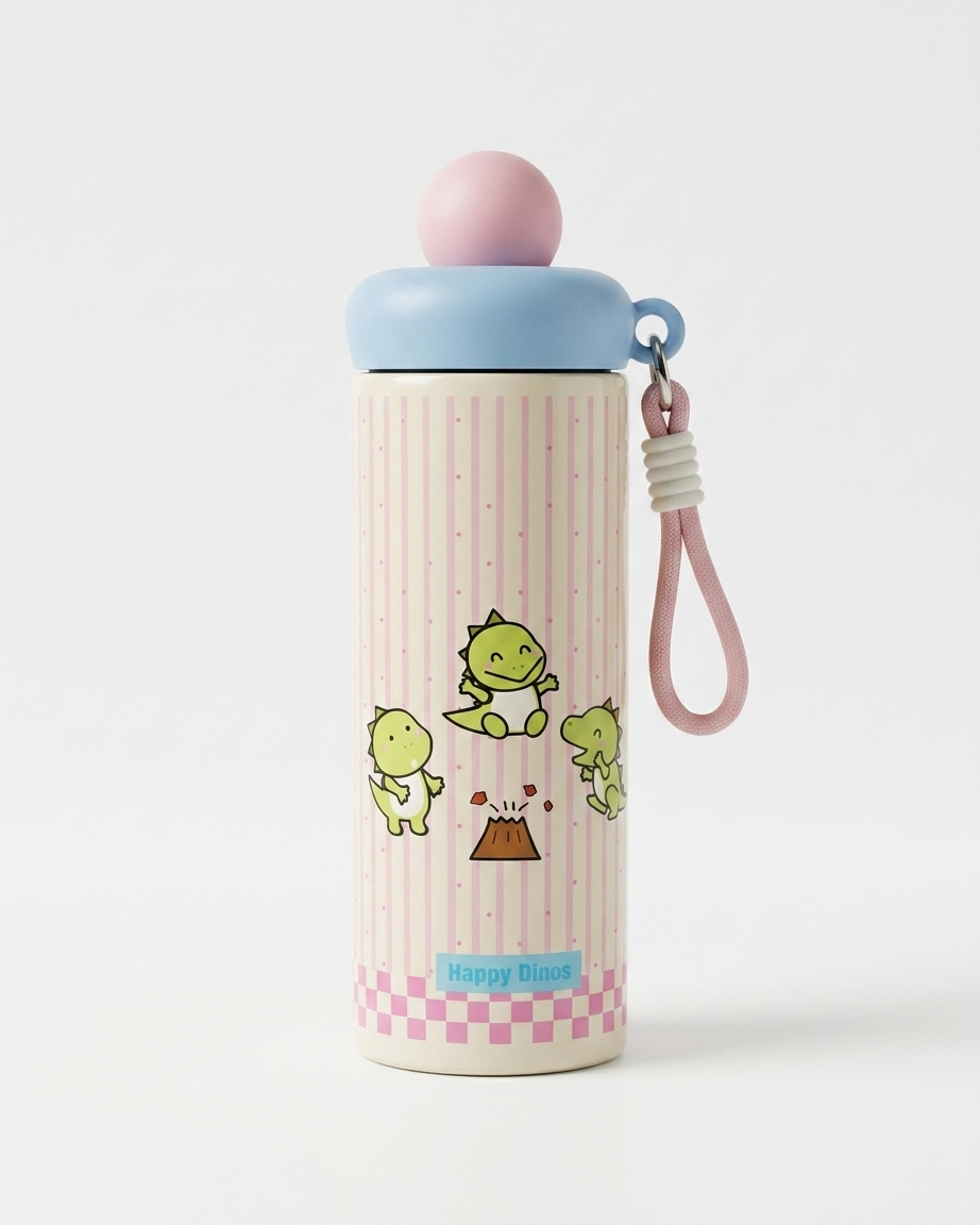 A cute water bottle with a pink and white striped body, featuring three green cartoon dinosaurs and a volcano illustration. The bottle has a light blue lid, a pink top cap, and a pink wrist strap.