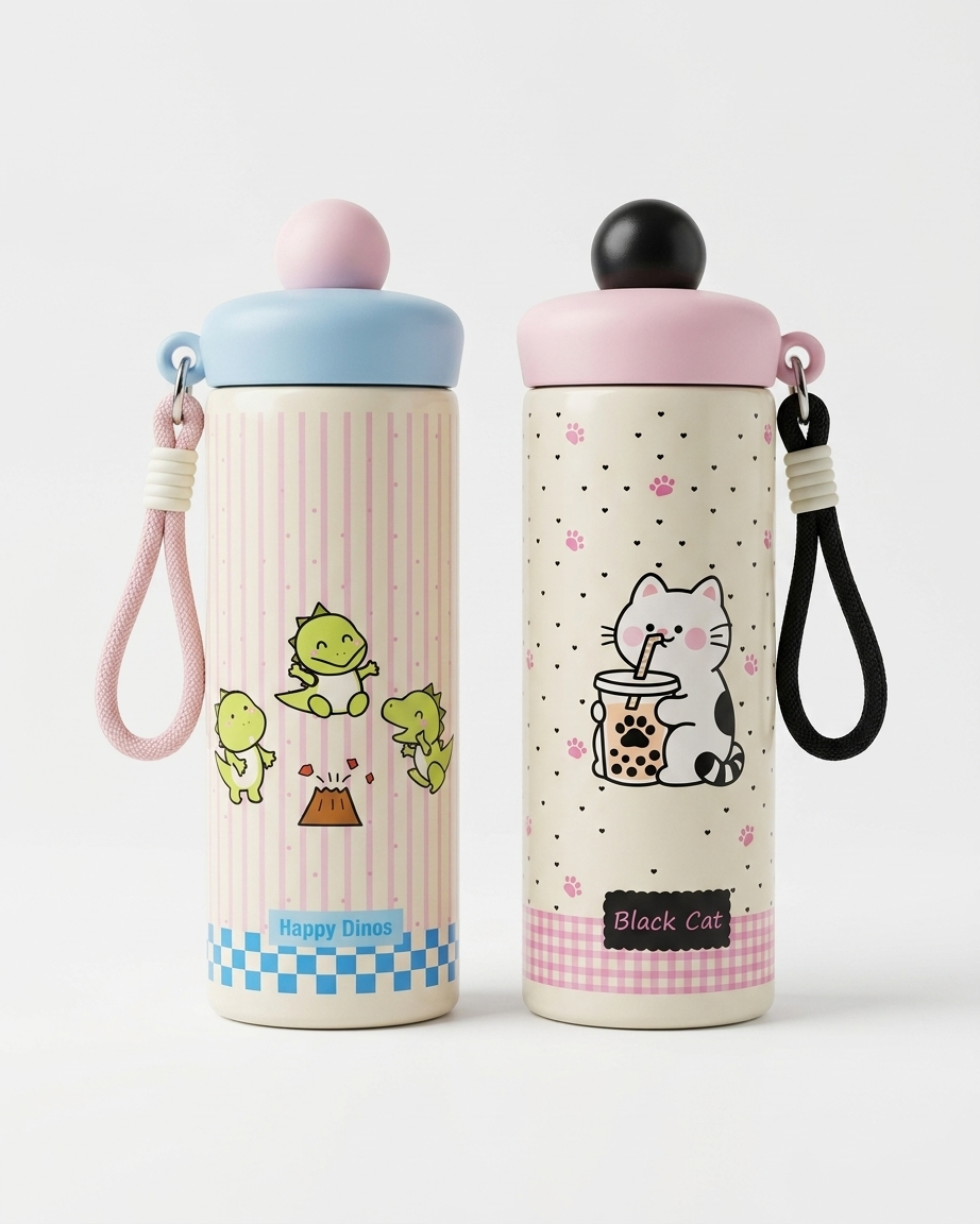 Two cute stainless steel water bottles with carrying straps, shown side by side on a light gray background. The left bottle has a pastel pink and blue design with green cartoon characters, and the right bottle has a cream and pink design with a black cat drinking bubble tea.
