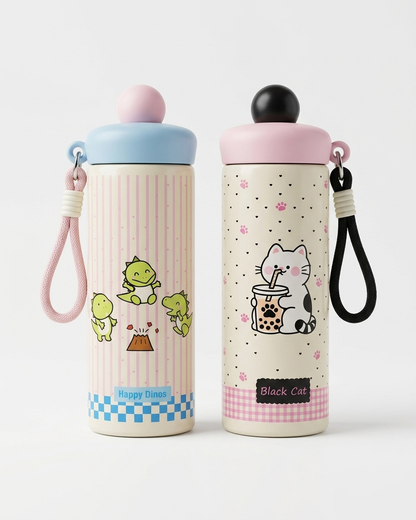 Two cute stainless steel water bottles with carrying straps, shown side by side on a light gray background. The left bottle has a pastel pink and blue design with green cartoon characters, and the right bottle has a cream and pink design with a black cat drinking bubble tea.