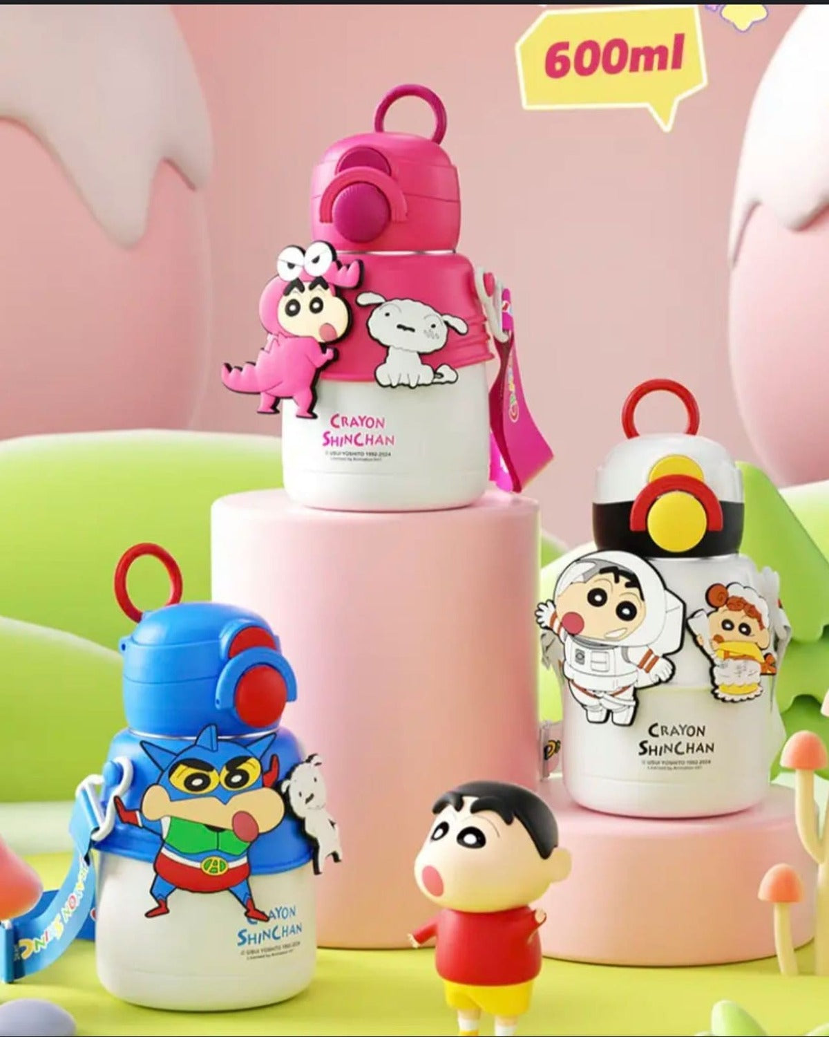 Set of cartoon-themed water bottles and figurines on a colorful background