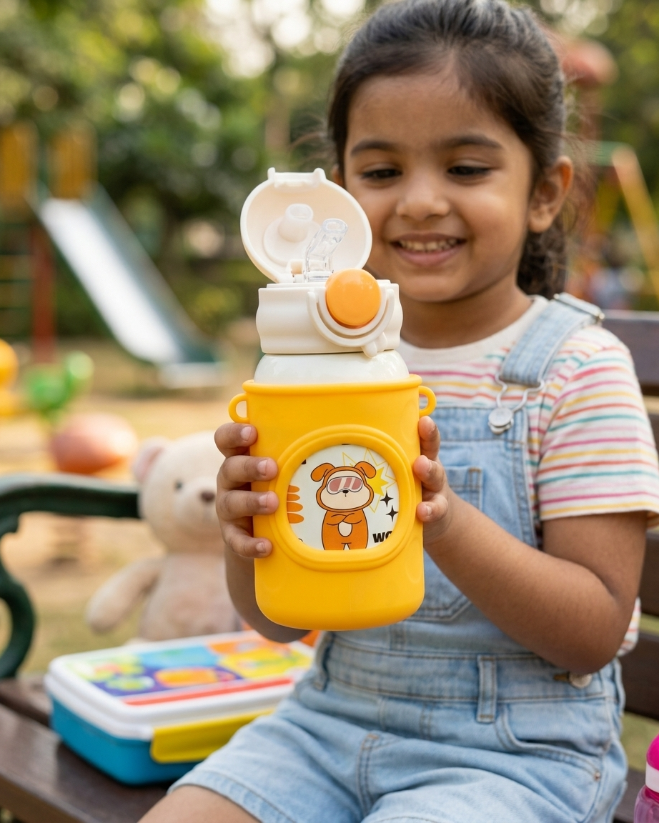 A young girl in denim overalls holds a bright yellow water bottle with a cartoon bear graphic and a white flip-top lid in an outdoor playground setting.