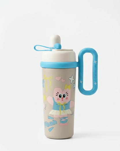 A kids' stainless steel water bottle with a light gray body, featuring a cartoon character wearing a blue dress and yellow bow. It has a light blue lid, a matching light blue carrying loop handle, and a white spout with a blue loop.