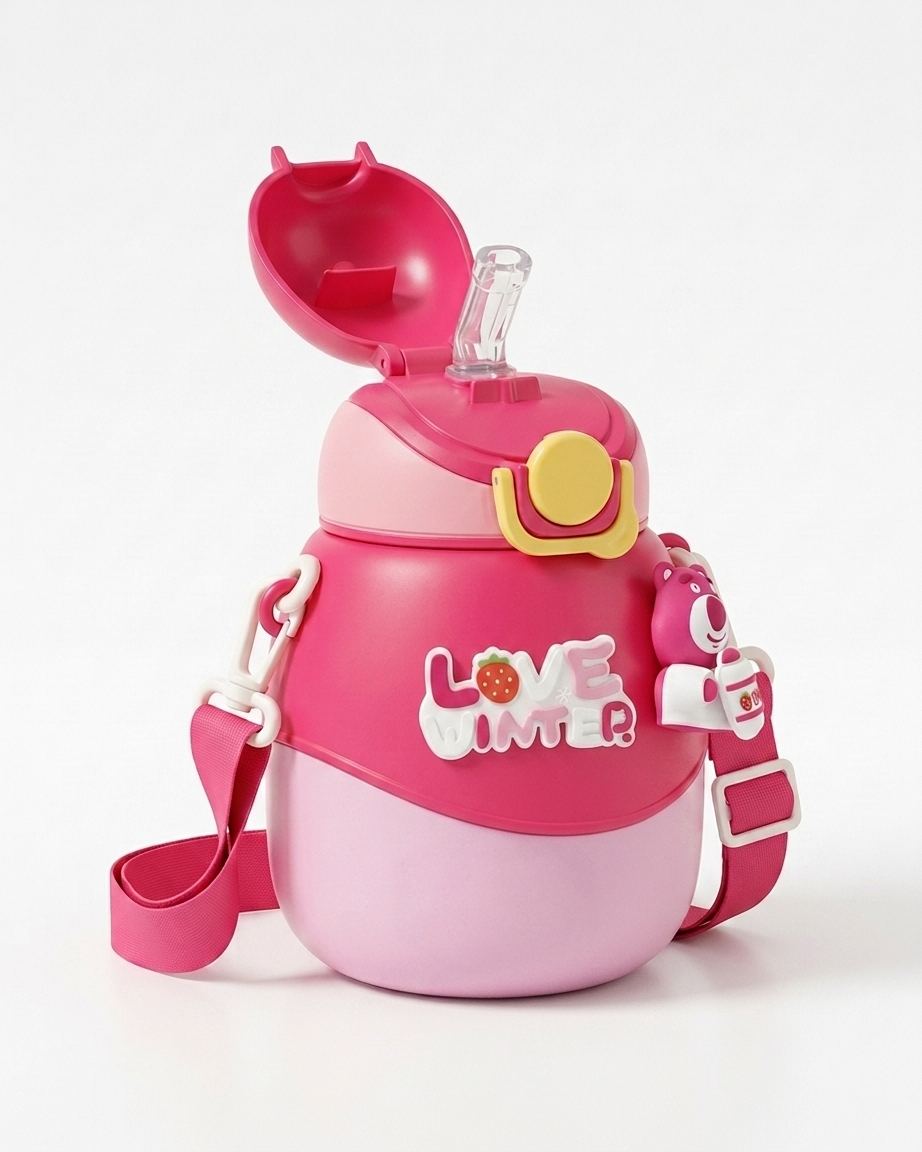A pink and light pink water bottle with a matching shoulder strap, featuring a yellow accent on the lid, a clear straw, and a 3D 'LOVE LIMA' design on the front.