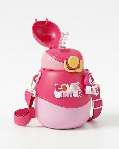 A pink and light pink water bottle with a matching shoulder strap, featuring a yellow accent on the lid, a clear straw, and a 3D 'LOVE LIMA' design on the front.