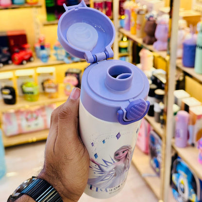 Disney stainless steel bottle open lid showing sip valve and lilac color scheme
