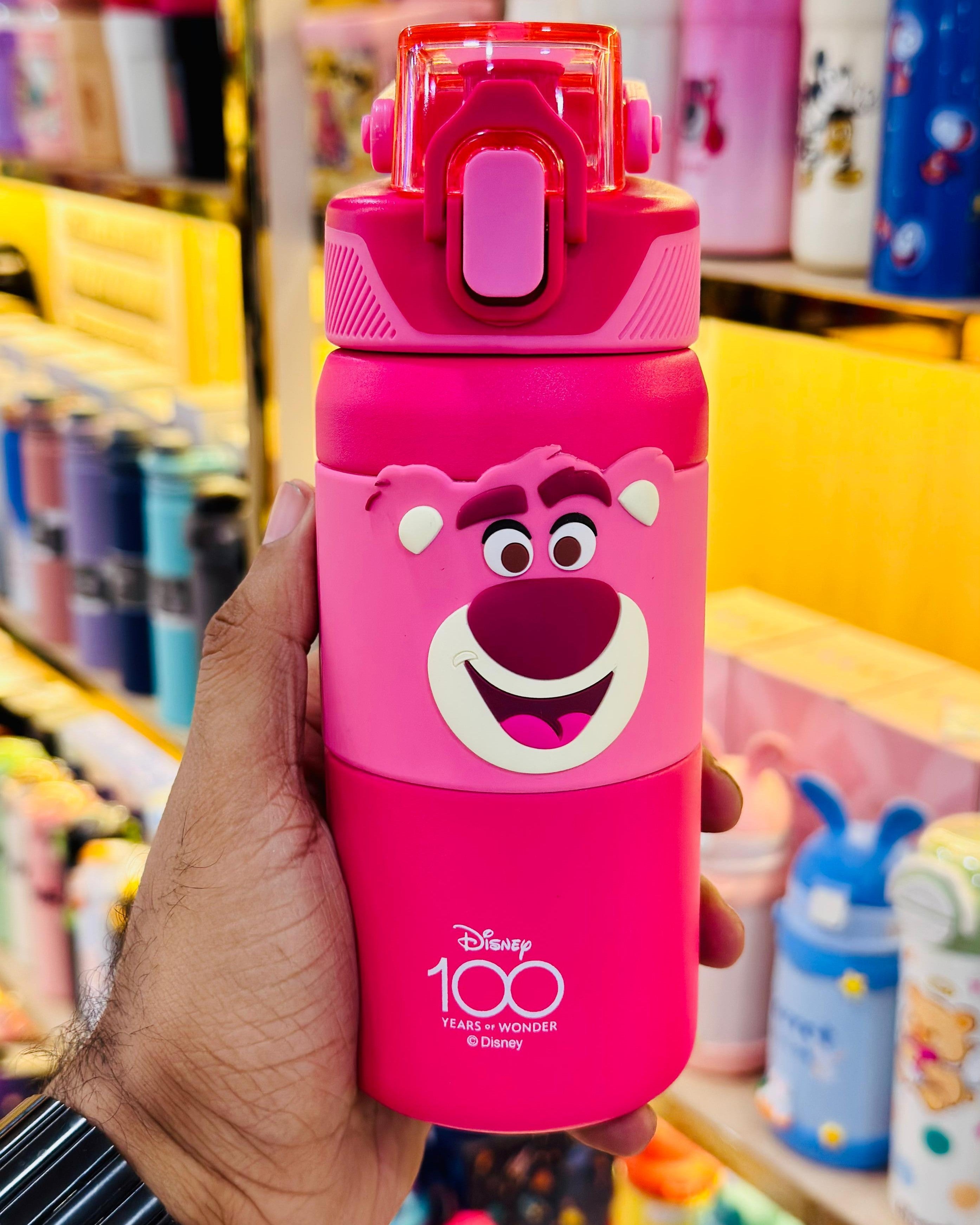 Original Disney 100 Years insulated pink steel bottle 450ml with Lotso Bear design and flip lid for hot and cold drinks