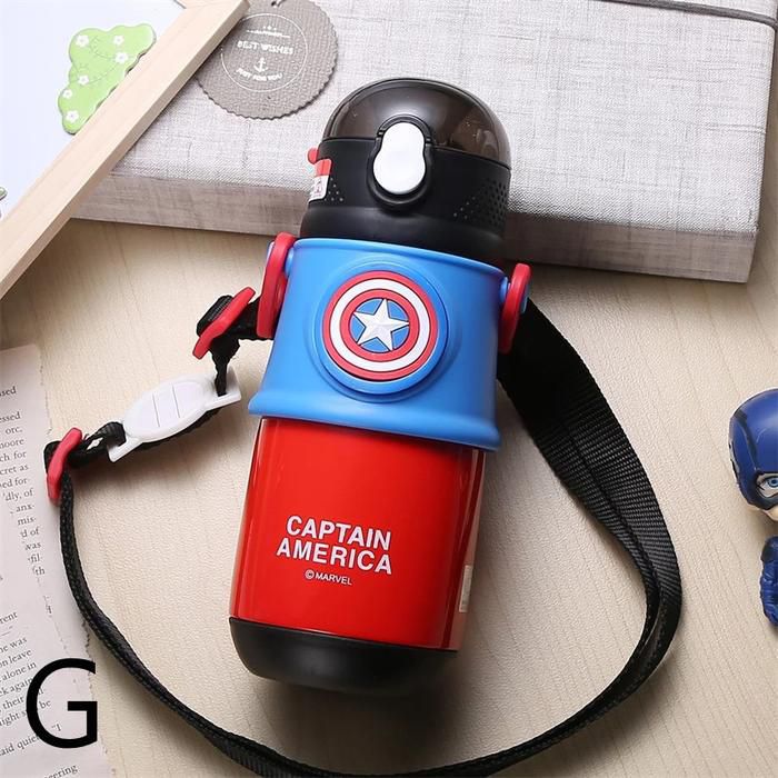 Red and blue Original Disney Captain America kids sipper bottle with easy carry strap