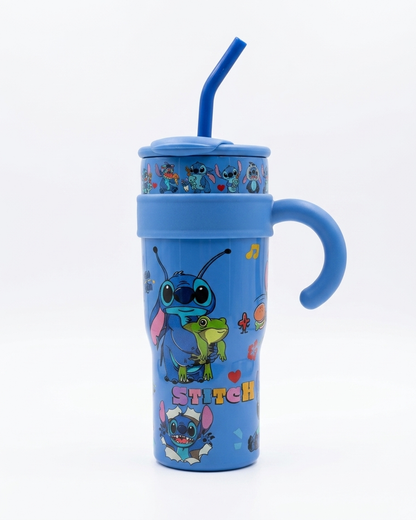 A blue plastic handled tumbler with a matching lid and blue straw, featuring cartoon character Stitch and the words 'STITCH' on a white background.