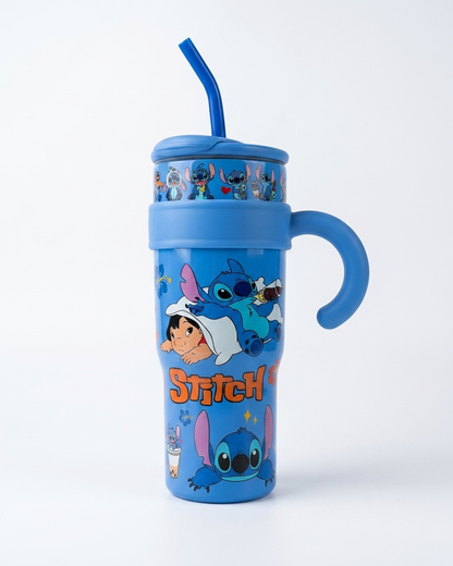 A blue insulated travel tumbler with a handle and straw, featuring cartoon character Stitch and Lilo graphics on the front, set against a plain white background.