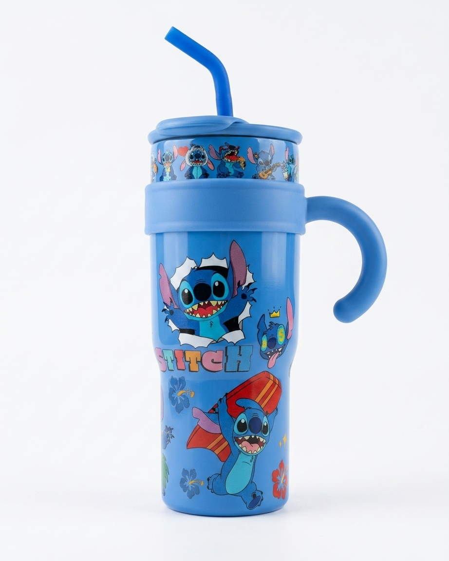 A blue Disney Stitch travel tumbler with a matching blue handle and straw lid, decorated with cartoon Stitch illustrations and the word 'STITCH' on a white background.