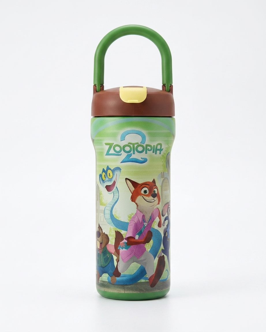 A children's water bottle with a green handle and a brown lid, featuring a colorful Zookeeper 2 cartoon print on the front.
