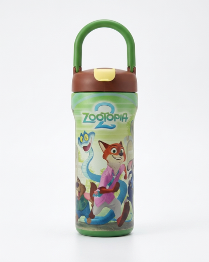 A children's water bottle with a green handle and a brown lid, featuring a colorful Zookeeper 2 cartoon print on the front.