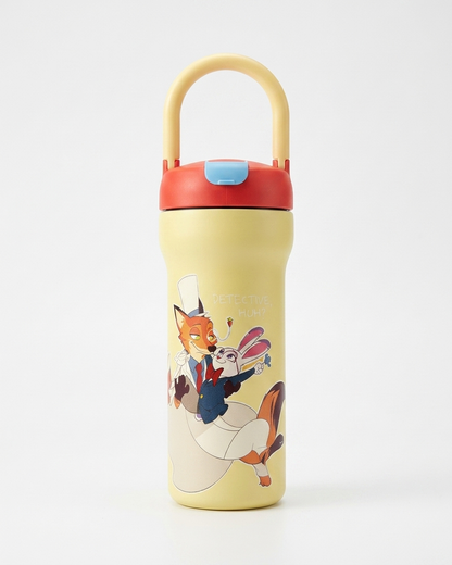 A pale yellow insulated water bottle with a red lid and carrying loop, featuring a cartoon illustration of a fox and rabbit on the front, set against a plain white background.