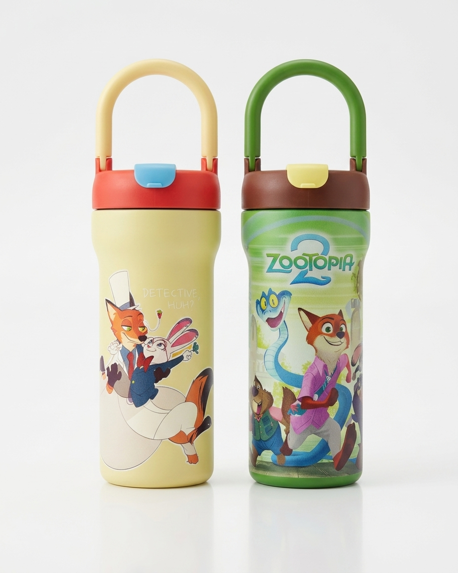 Two insulated water bottles with carry loops on a white background. The left bottle is pale yellow with a red lid and a cartoon fox character printed on the front.