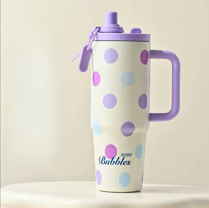 Purple double drink insulated tumbler with leakproof straw lid and ergonomic handle