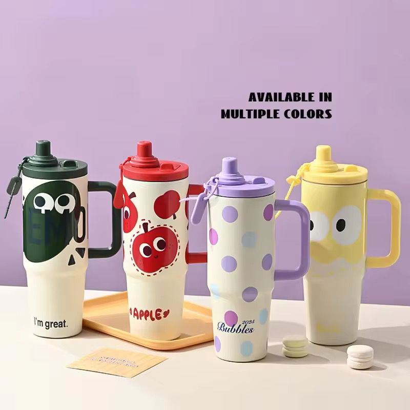Four colorful water bottles with different designs on a light purple background.