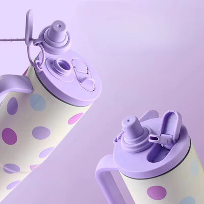 Two purple and white polka dot bottles on a light purple background