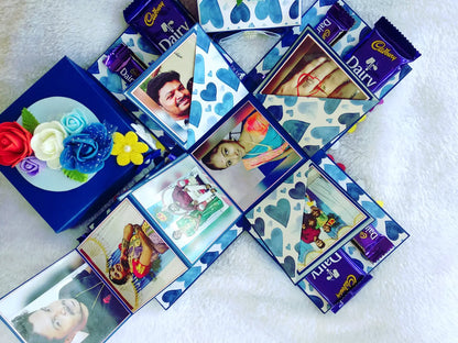 Handmade Blue Floral Explosion Box with Dairy Milk Chocolates & Photo Inserts