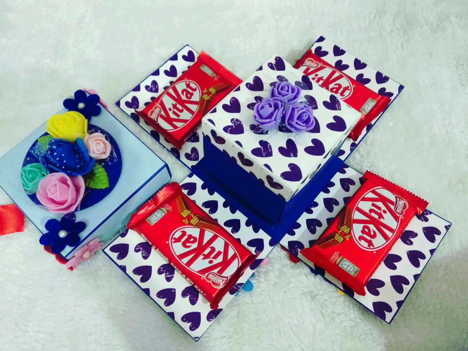 Handmade Blue Floral Explosion Box with Chocolates & Photo Slots | 2-Layer Gift Box