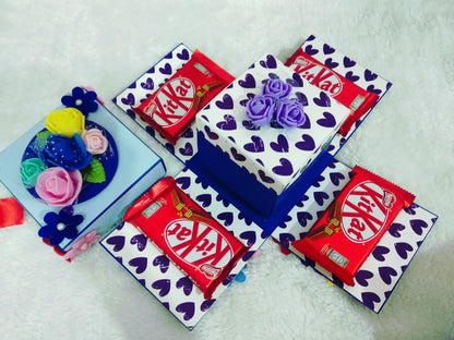 Handmade Blue Floral Explosion Box with Chocolates & Photo Slots | 2-Layer Gift Box
