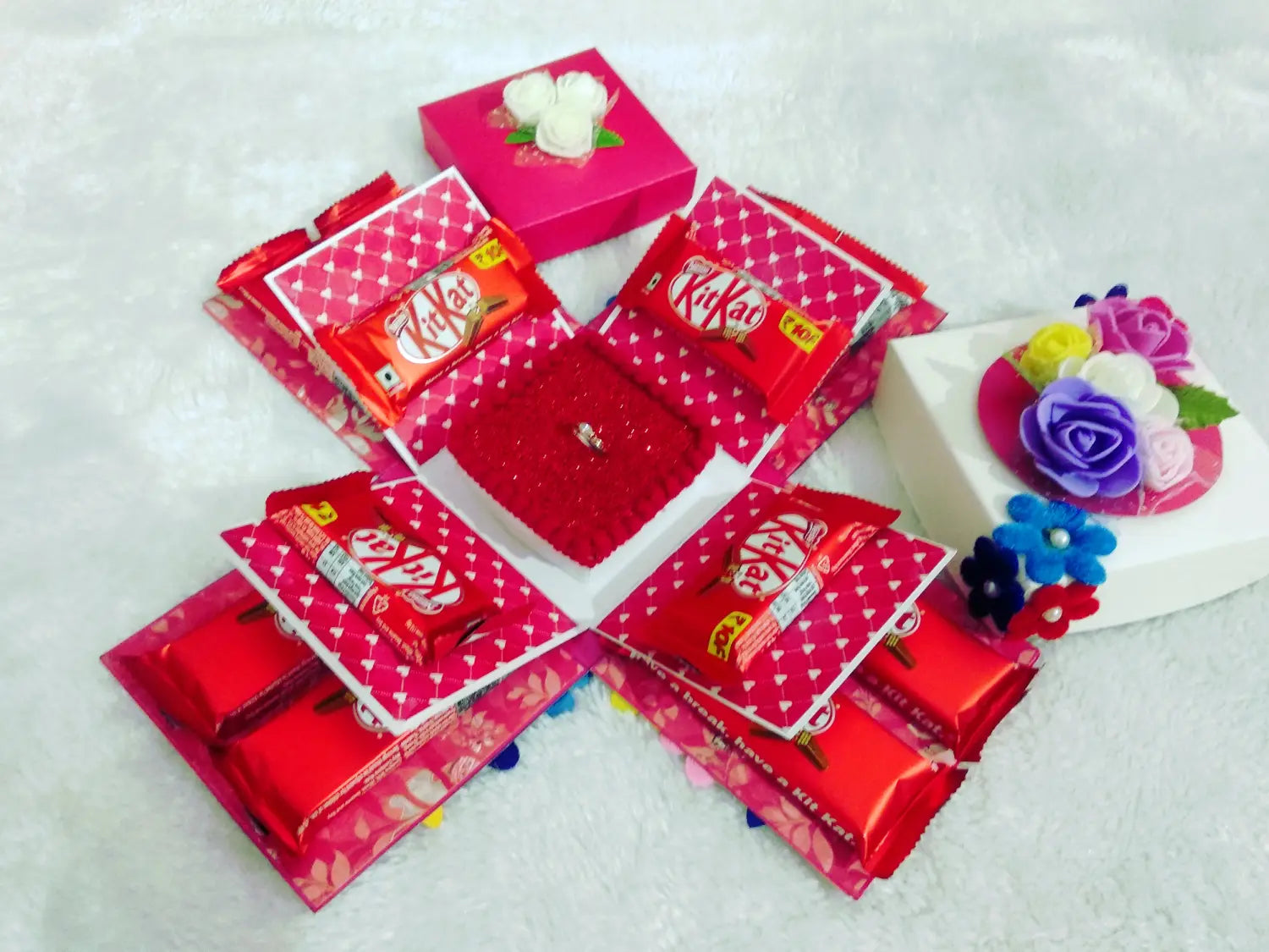 Handmade Pink Proposal Explosion Box with Ring Holder & KitKat Chocolates | 2-Layer Gift Box