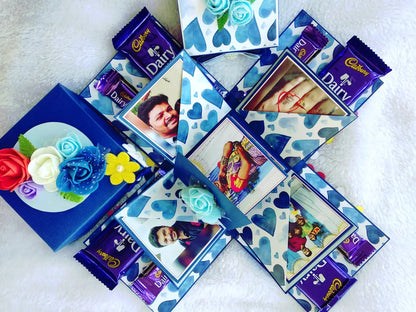 Handmade Blue Floral Explosion Box with Dairy Milk Chocolates & Photo Inserts